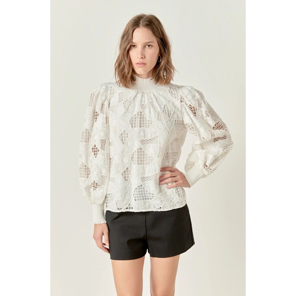 English Factory White Lace Puff-Sleeve Blouse